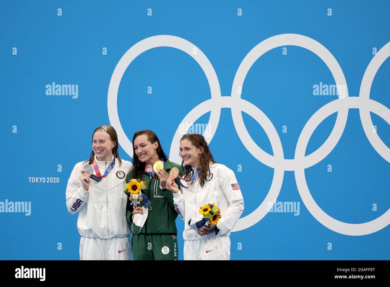 Tokyo, Japan. 30th July, 2021. (L to R) Lilly King (USA), Tatjana Schoenmaker (RSA), Annie Lazor (USA) Swimming : Women's 200m Breaststroke Medal Ceremony during the Tokyo 2020 Olympic Games at the Tokyo Aquatics Centre in Tokyo, Japan . Credit: Koji Aoki/AFLO SPORT/Alamy Live News Stock Photo