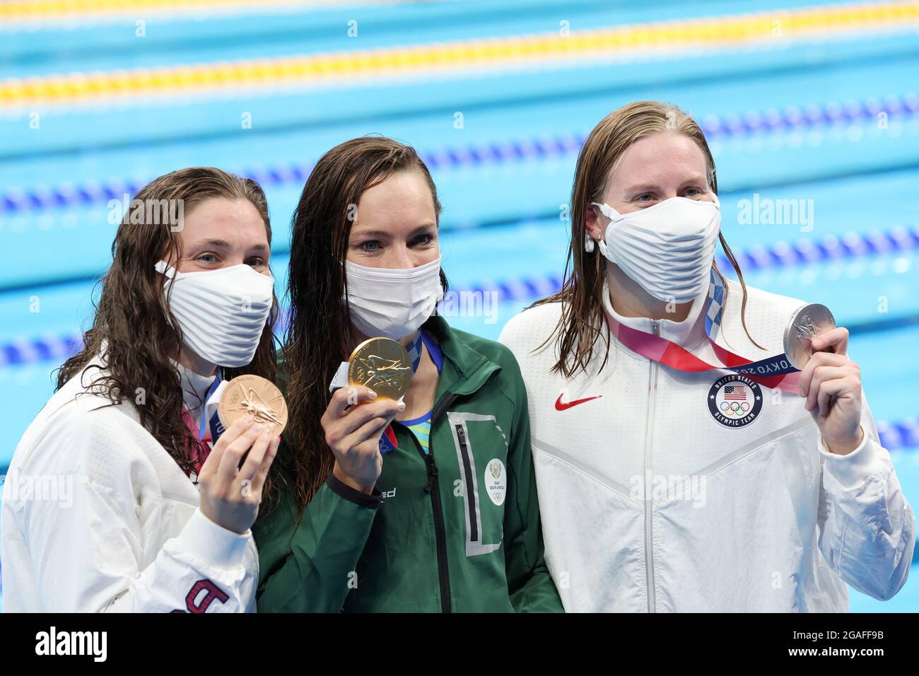 Tokyo, Japan. 30th July, 2021. (L to R) Lilly King (USA), Tatjana Schoenmaker (RSA), Annie Lazor (USA) Swimming : Women's 200m Breaststroke Medal Ceremony during the Tokyo 2020 Olympic Games at the Tokyo Aquatics Centre in Tokyo, Japan . Credit: Koji Aoki/AFLO SPORT/Alamy Live News Stock Photo