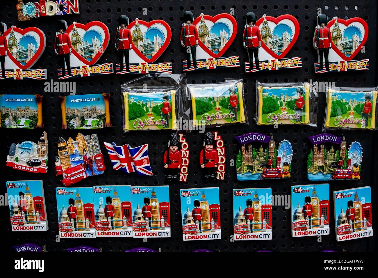 Windsor, Berkshire, UK. 26th July, 2021. Fridge magnets outside a corner shop in Windsor as tourists begin to return to Windsor following the lifting of the Covid-19 lockdown in England. Credit: Maureen McLean/Alamy Stock Photo