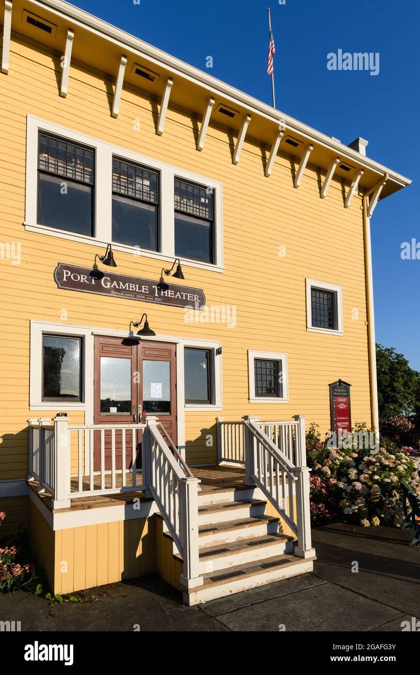 Port Gamble, WA, USA - July 27, 2021; The Port Gamble theater in the Kitsap County town.  The building is a part of the National Historic Landmark Stock Photo