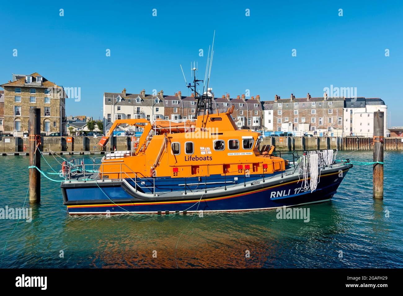 Weymouth, Dorset, UK - October 10 2018: Weymouth's Severn class RNLI Lifeboat 'Ernest and Mabel' No 17-32 moored in Weymouth Harbour Stock Photo