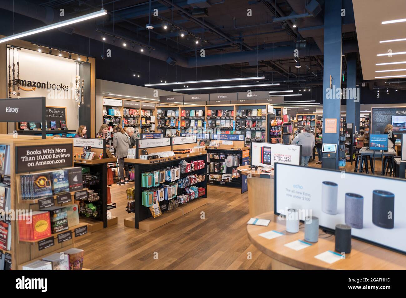 Interior of an Amazon Books physical retail store at the Broadway Plaza  shopping center in Walnut Creek, California, November 17, 2017. Amazon has  increasingly expanded into physical retail, as well as grocery