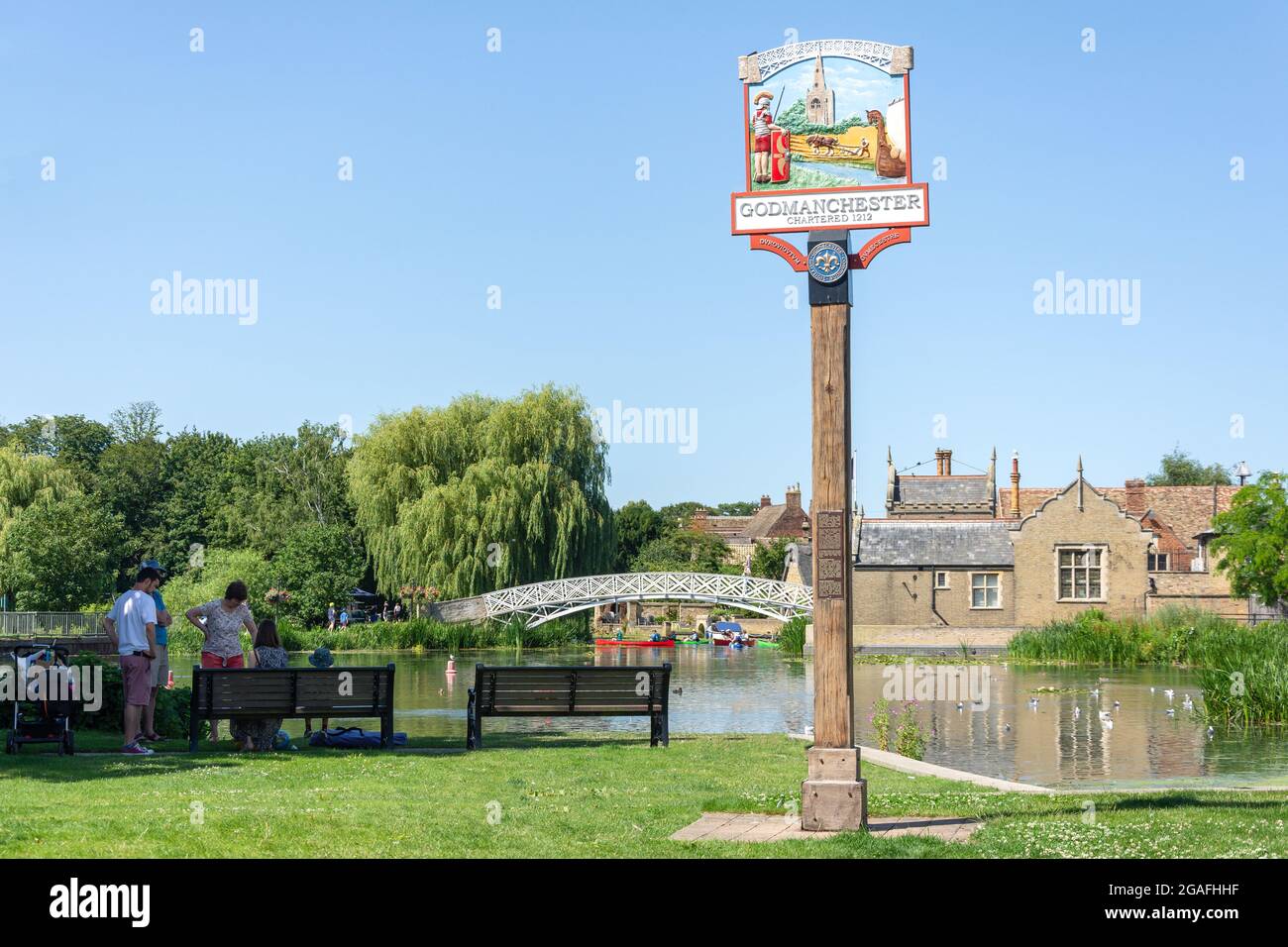 Town sign by River Great Ouse, The Causeway, Godmanchester, Cambridgeshire, England, United Kingdom Stock Photo