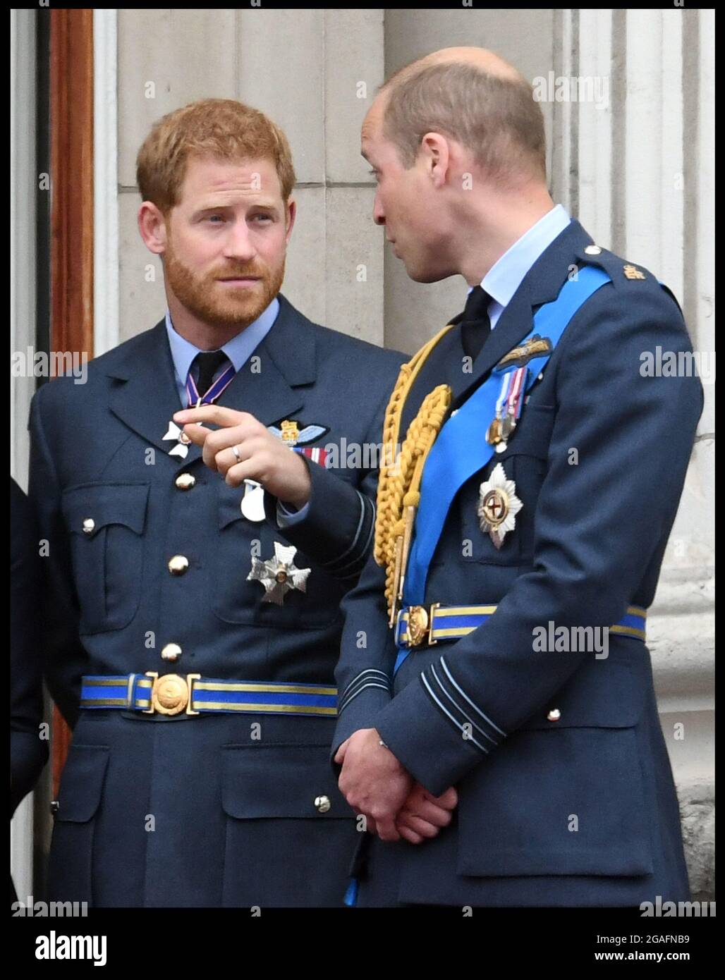 File pictures taken 10072018..Image ©Licensed to Parsons Media. 30/07/2021. London, United Kingdom. Prince William and Prince Harry 100th Anniversary of the RAF. Image ©Licensed to Parsons Media. 10/07/2018. London, United Kingdom. 100th Anniversary of the Royal Air Force. HM The Queen accompanied by Prince William, Duchess of Cambridge and Prince Harry and Duchess of Sussex on the balcony of Buckingham Palace to Mark 100 years of the RAF. Picture by Andrew Parsons / Parsons Media Stock Photo