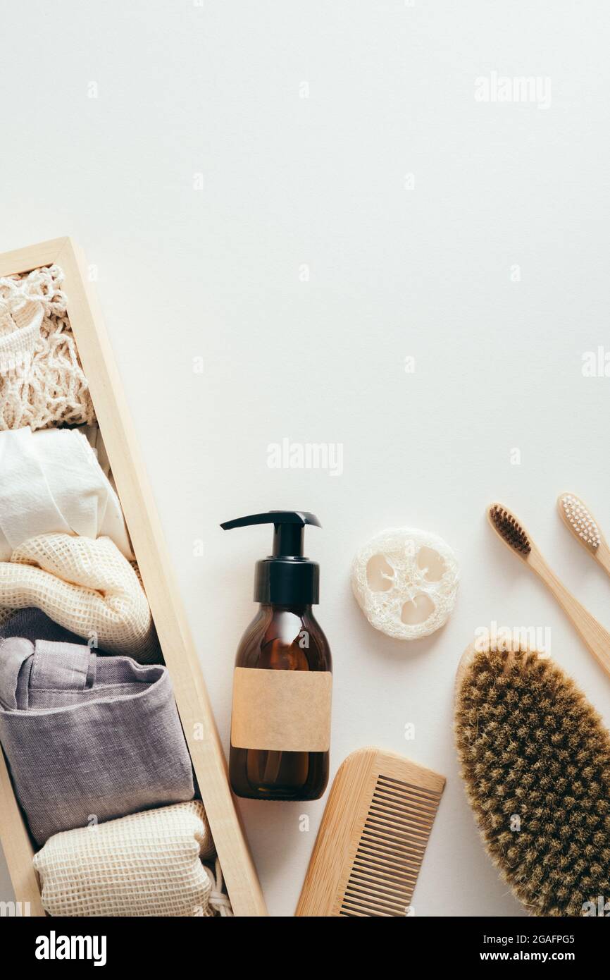 Ecofriendly bathroom accessories on white background. Zero waste