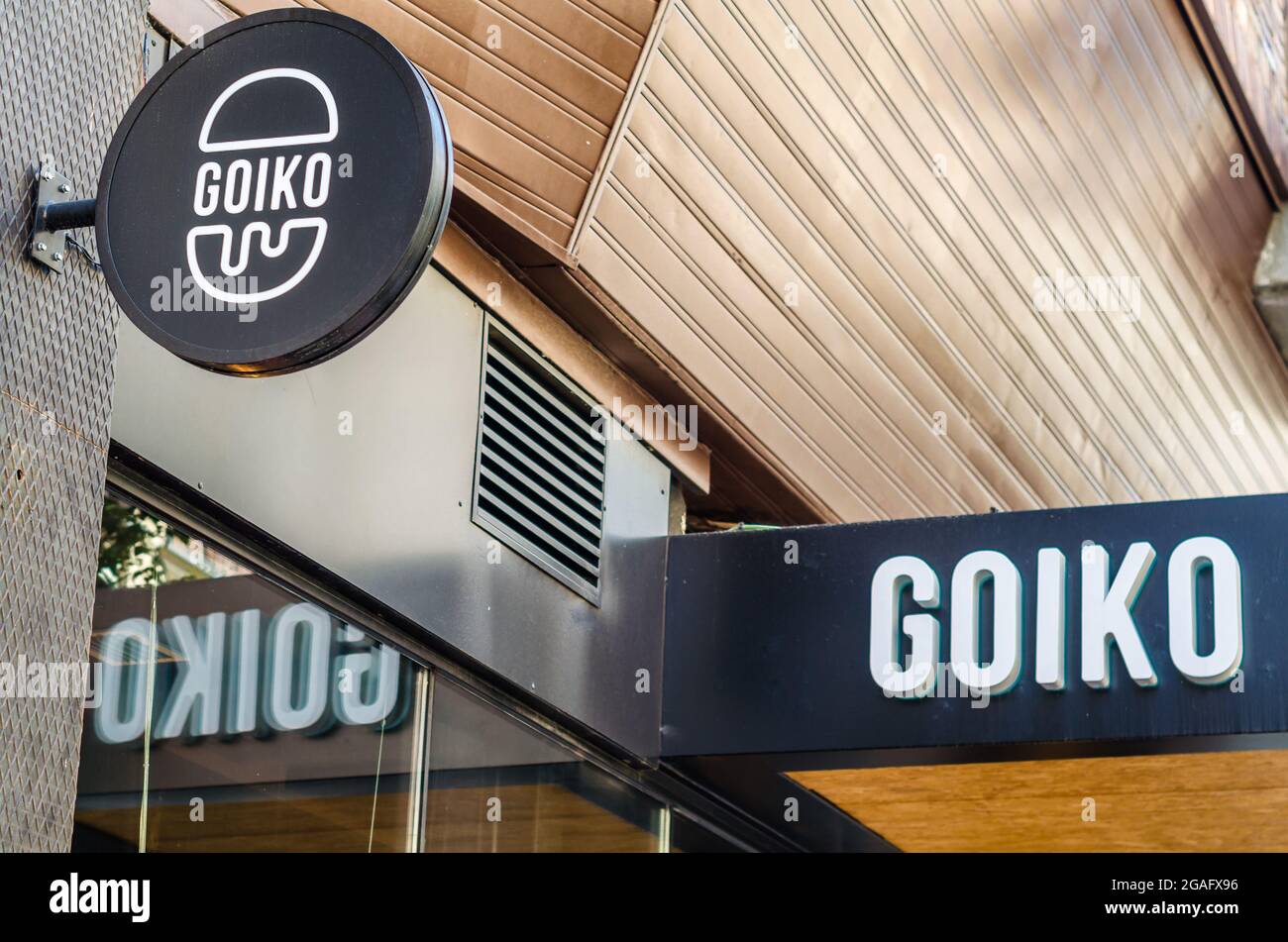 MADRID, SPAIN - JULY 23, 2021: Goiko Grill logo on the facade of a  restaurant in Madrid, Spain. Goiko Grill is a quality hamburger chain  created in 20 Stock Photo - Alamy