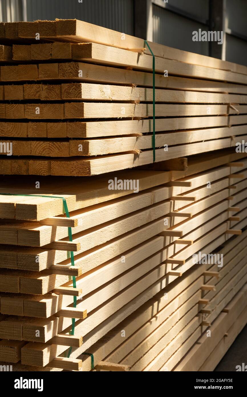Wooden planks. Wood for air drying timber stack. Hardware store or