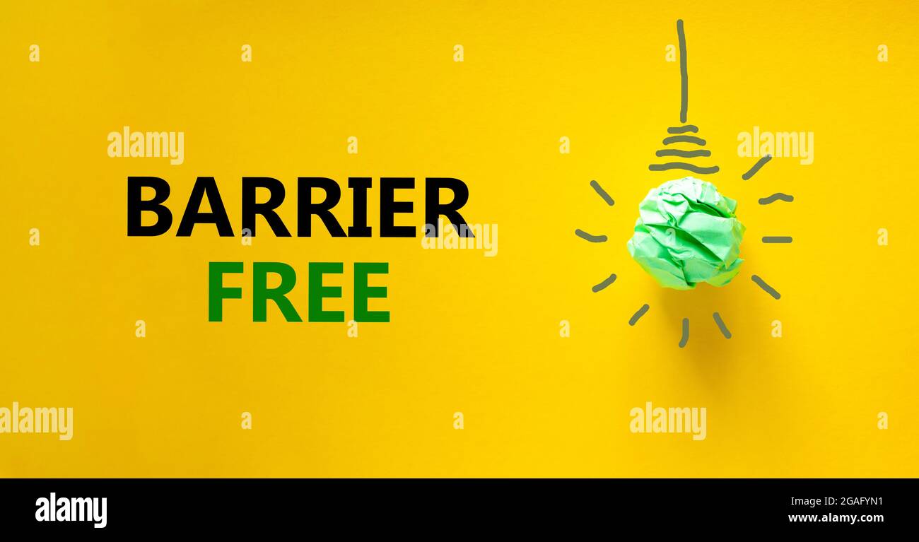 Barrier free symbol. Green shining light bulb icon. Words 'Barrier free ...