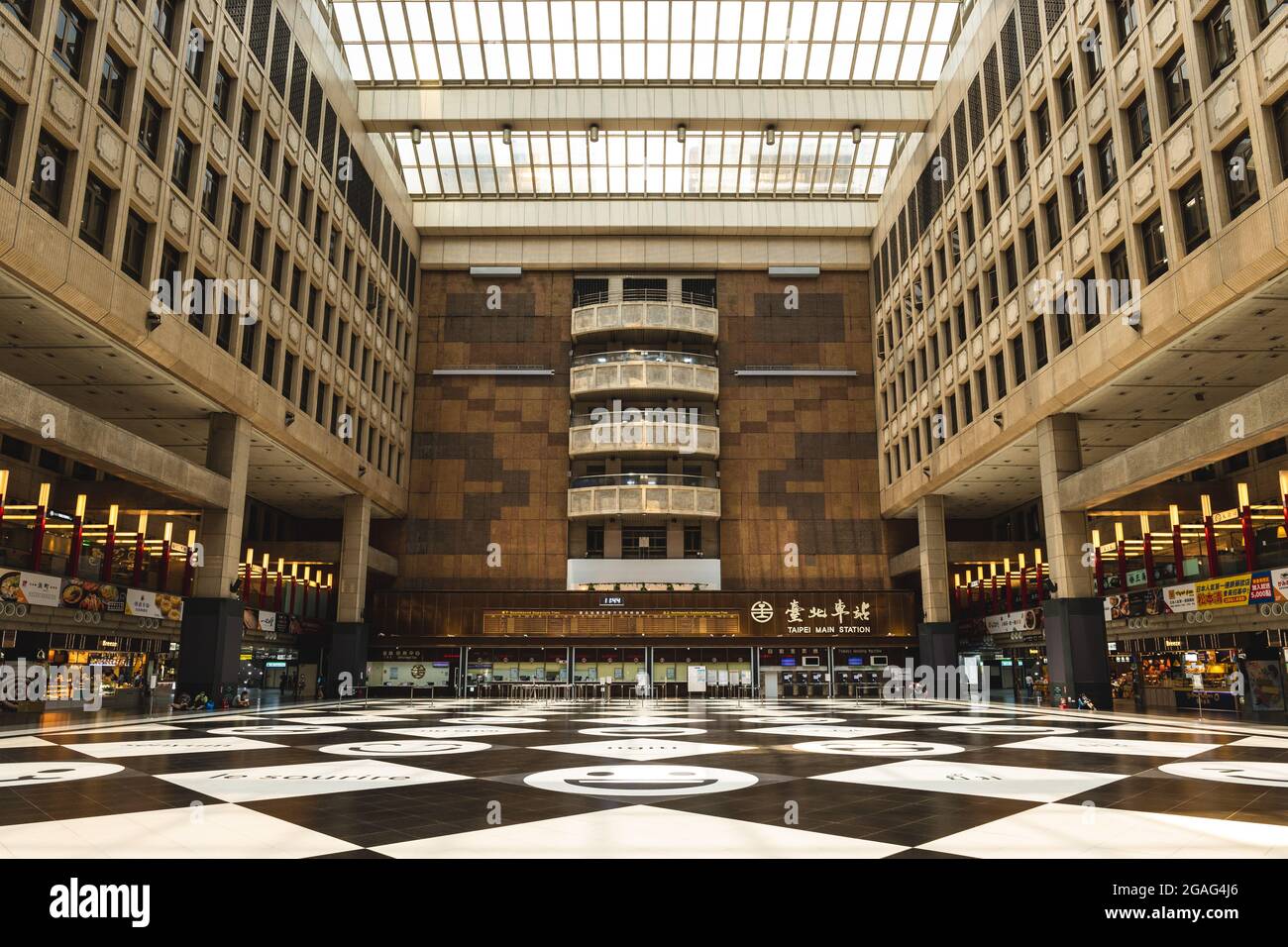 July 29, 2021: Lobby of Taipei main station in taipei city, taiwan. There are tickets counters, tickets vending machines, visitors information center, Stock Photo