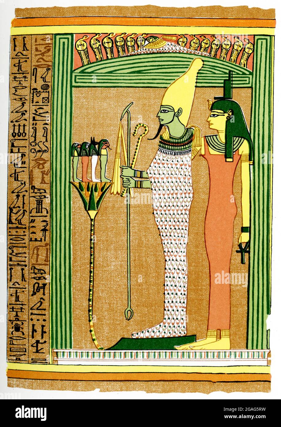 The caption on this 1903 image reads: “Osiris and Isis and Four Children of Horus.” It appeared in the book History of Egypt by French Egyptologist Gaston Maspero. Here, Osiris, the Egyptian god of fertility and of the dead, wears the white crown of Upper Egypt and the menat (amulet weighted to counterbalance heavy collar). He holds in his hands the scepter, crook, and flail—all royal symbols. Standing behind him is his wife Isis, the Mother Goddess. In front of him are the four children of his son Horus. Stock Photo