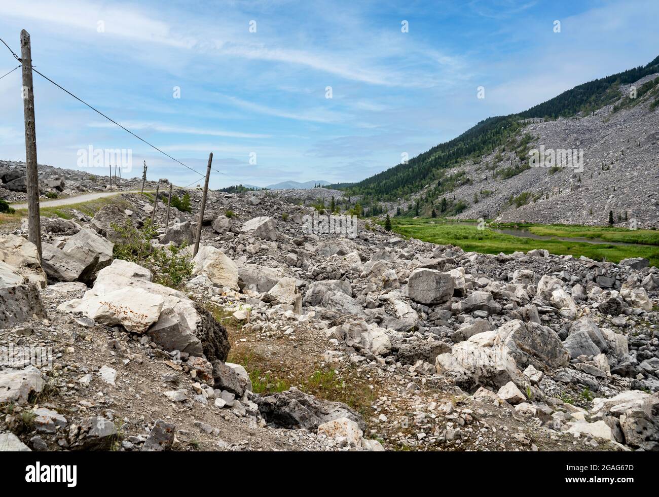 Rock avalanche natural disaster at the Frank slide in Alberta Canada. Stock Photo