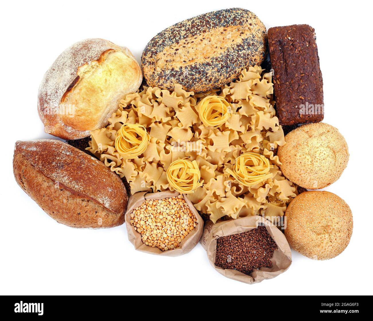 Different types of bread, pasta and cereal, isolated on white Stock Photo Alamy