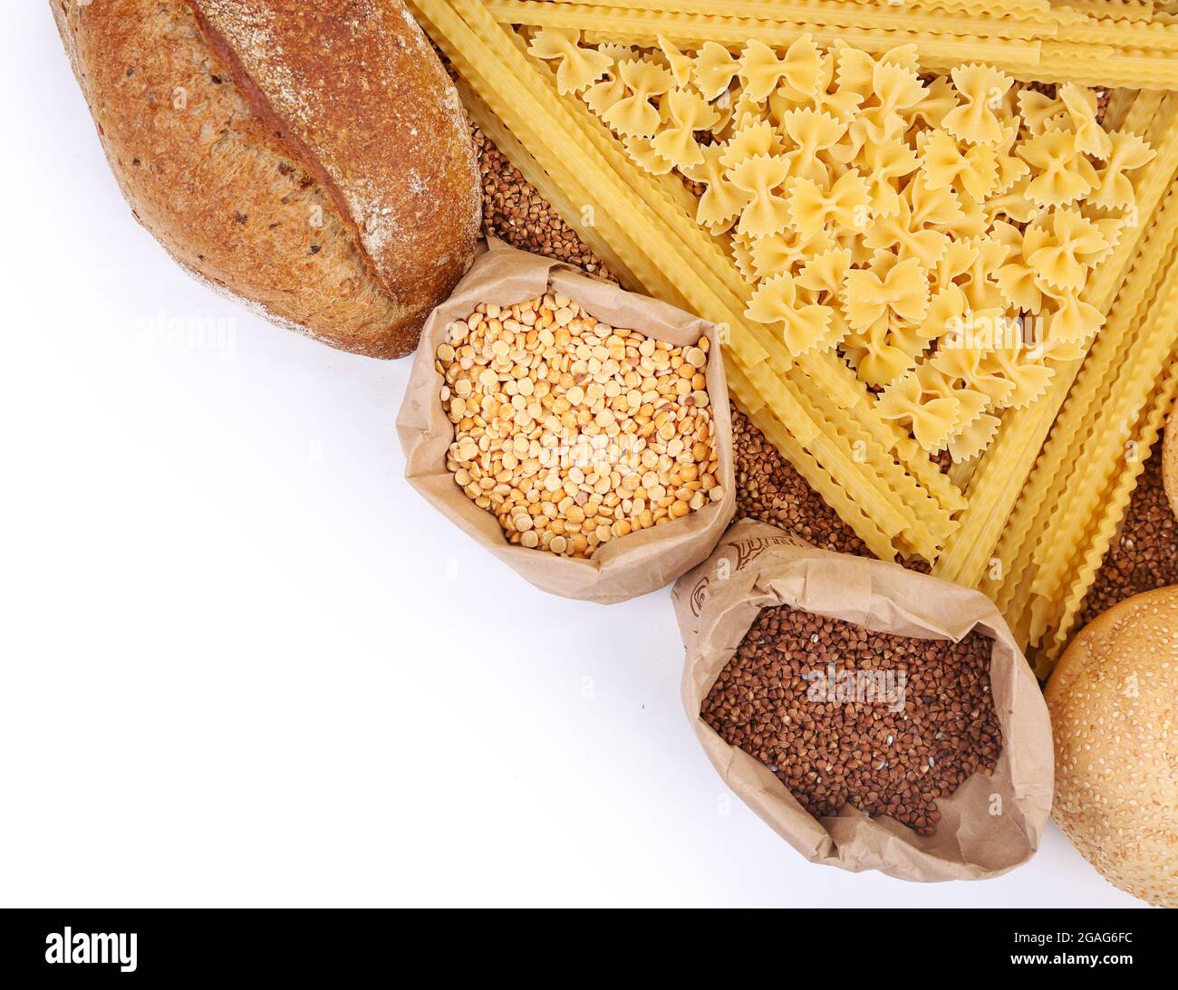 Different types of bread, pasta and cereal, isolated on white Stock Photo Alamy