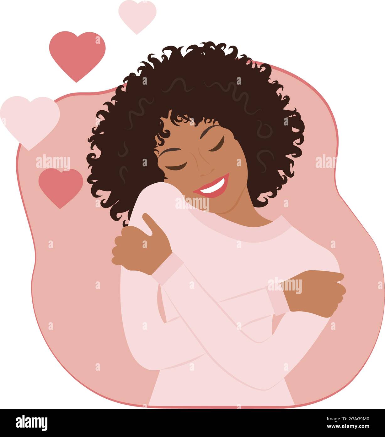 Self love. Black woman hugging herself. Stock Vector