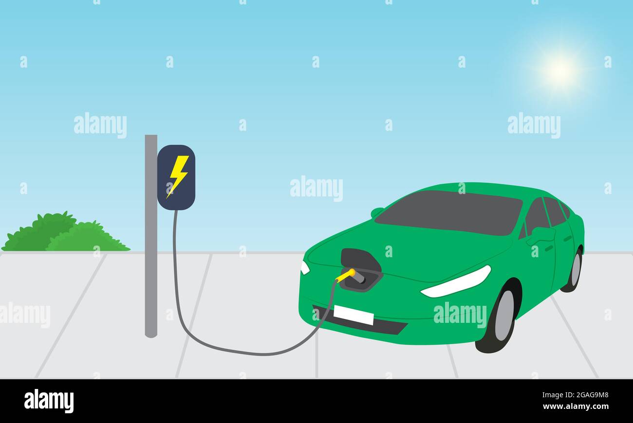 Electric car being charged on power station Stock Vector