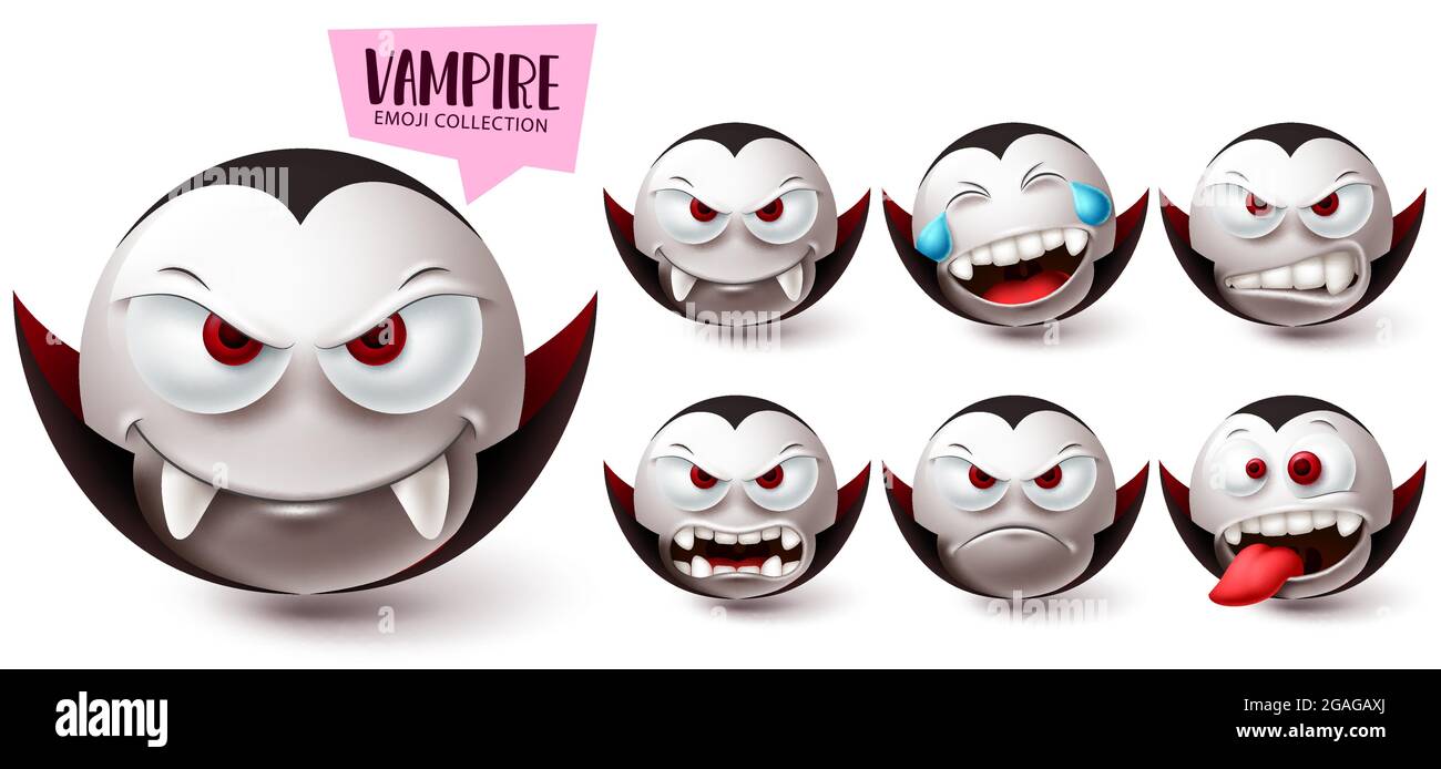 Smileys vampire emoji vector set. Smiley emojis halloween mascot character icon collection isolated in white background for graphic design elements. Stock Vector