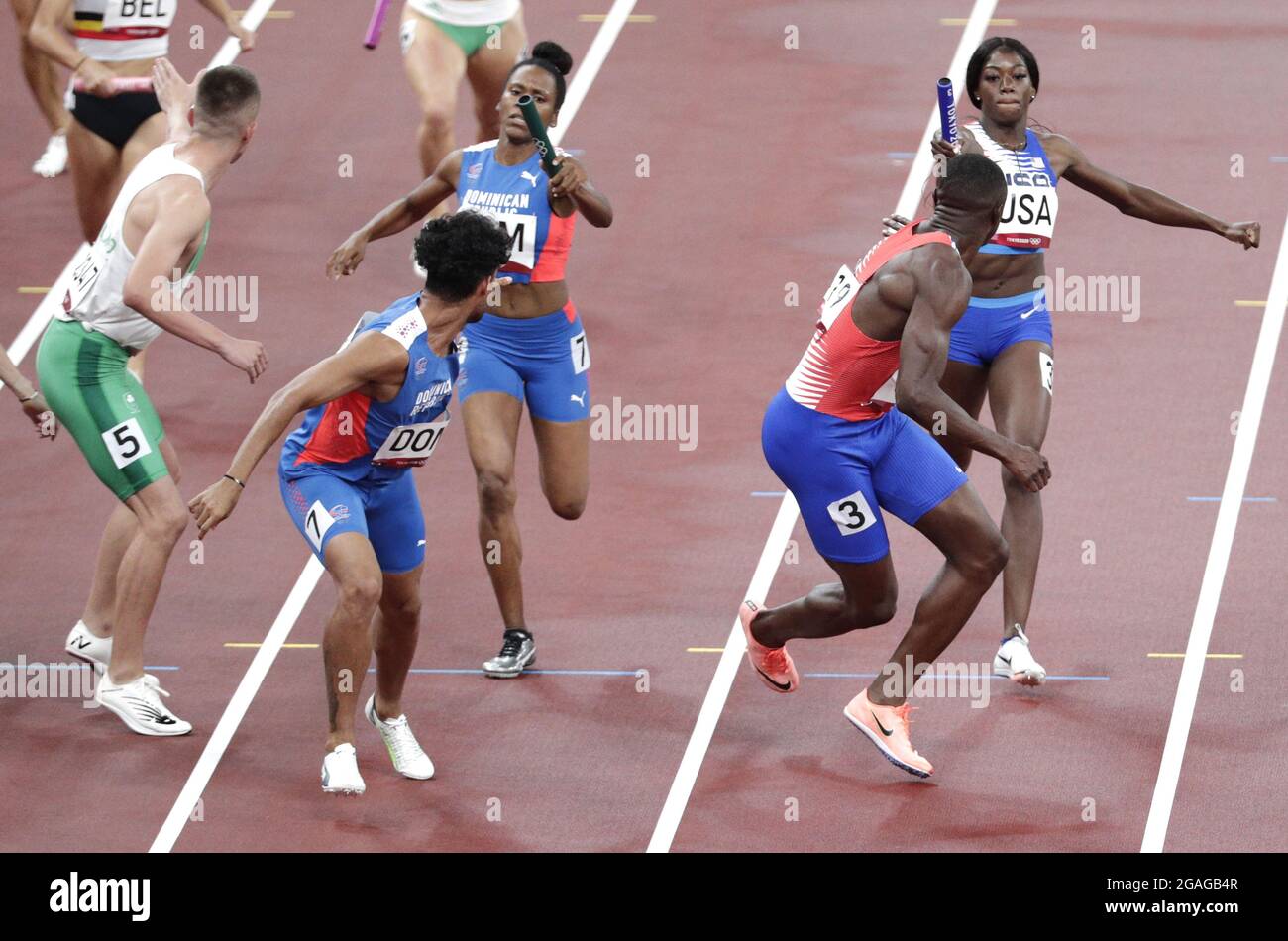 Tokyo, Japan. 30th July, 2021. The Dominican Republic and USA teams prepare for the baton