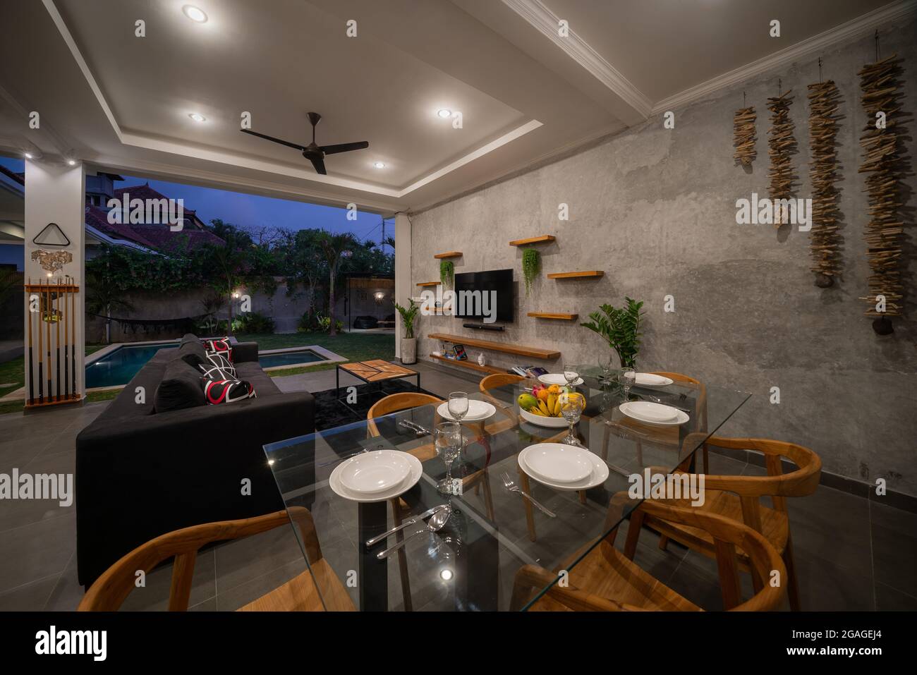 modern interior design in livingroom of pool villas with high. Luxury ...