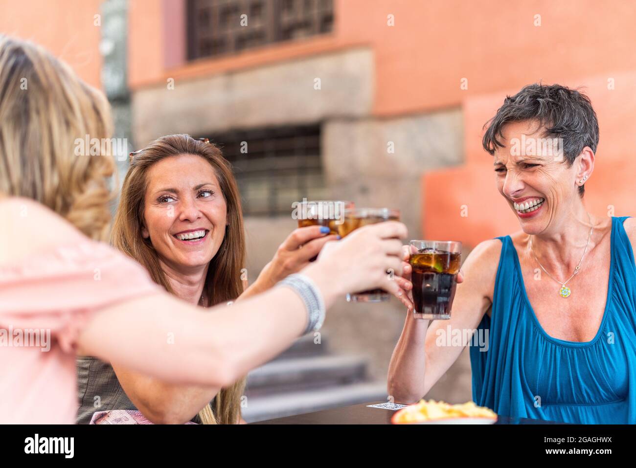 Adult woman with short hair in a cafe toasting with drinks with her friends Stock Photo