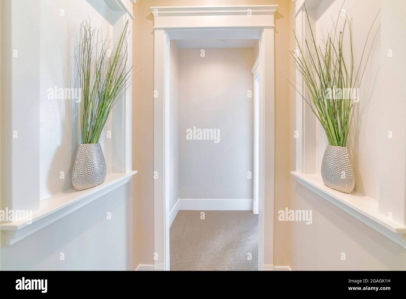 Symmetrical hallway with white cased opening and plants Stock Photo Alamy