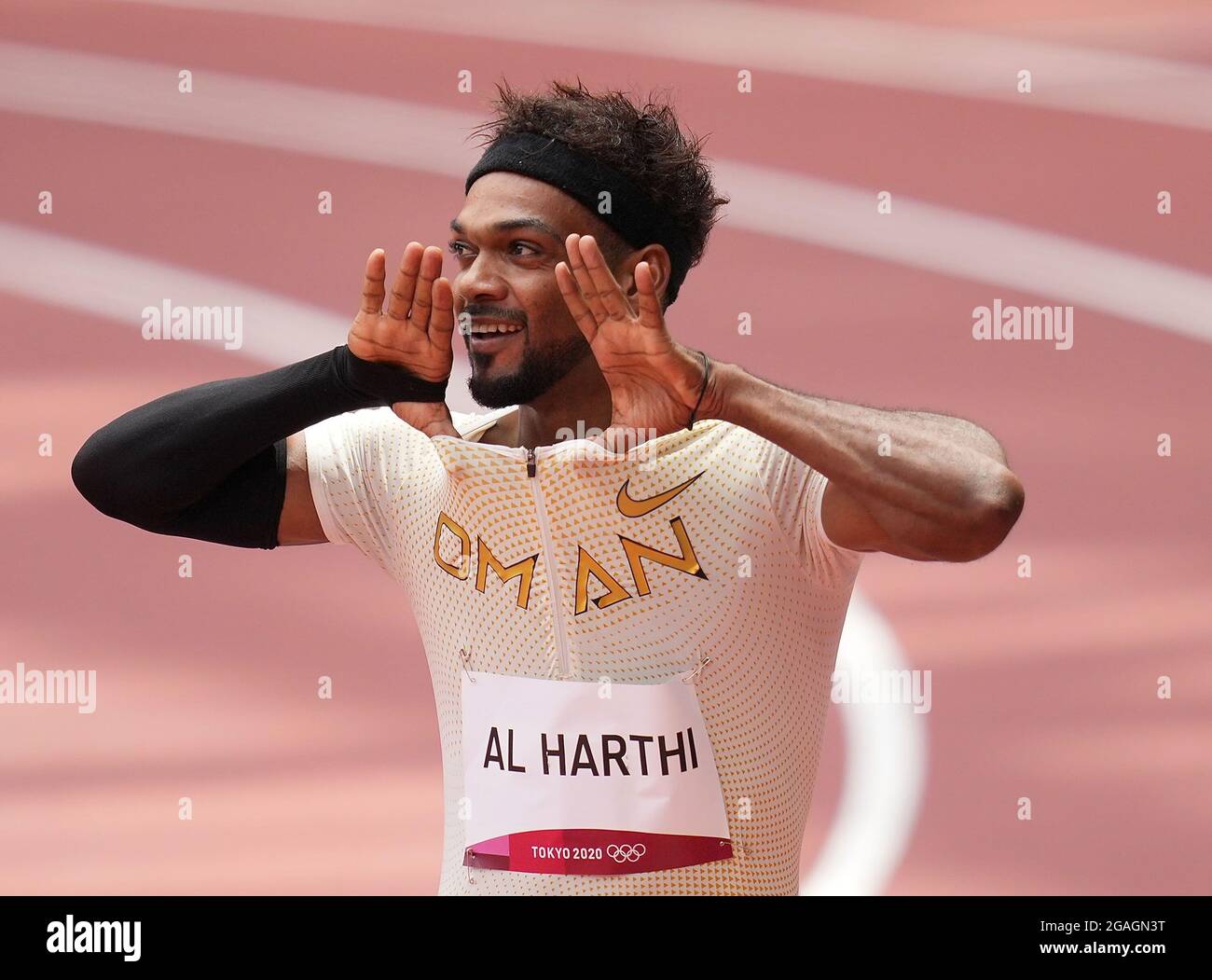 Tokyo, Japan. 31st July, 2021. Barakat Al Harthi of Oman competes during the Men's 100m Heat at the Tokyo 2020 Olympic Games in Tokyo, Japan, July 31, 2021. Credit: Li Yibo/Xinhua/Alamy Live News Stock Photo