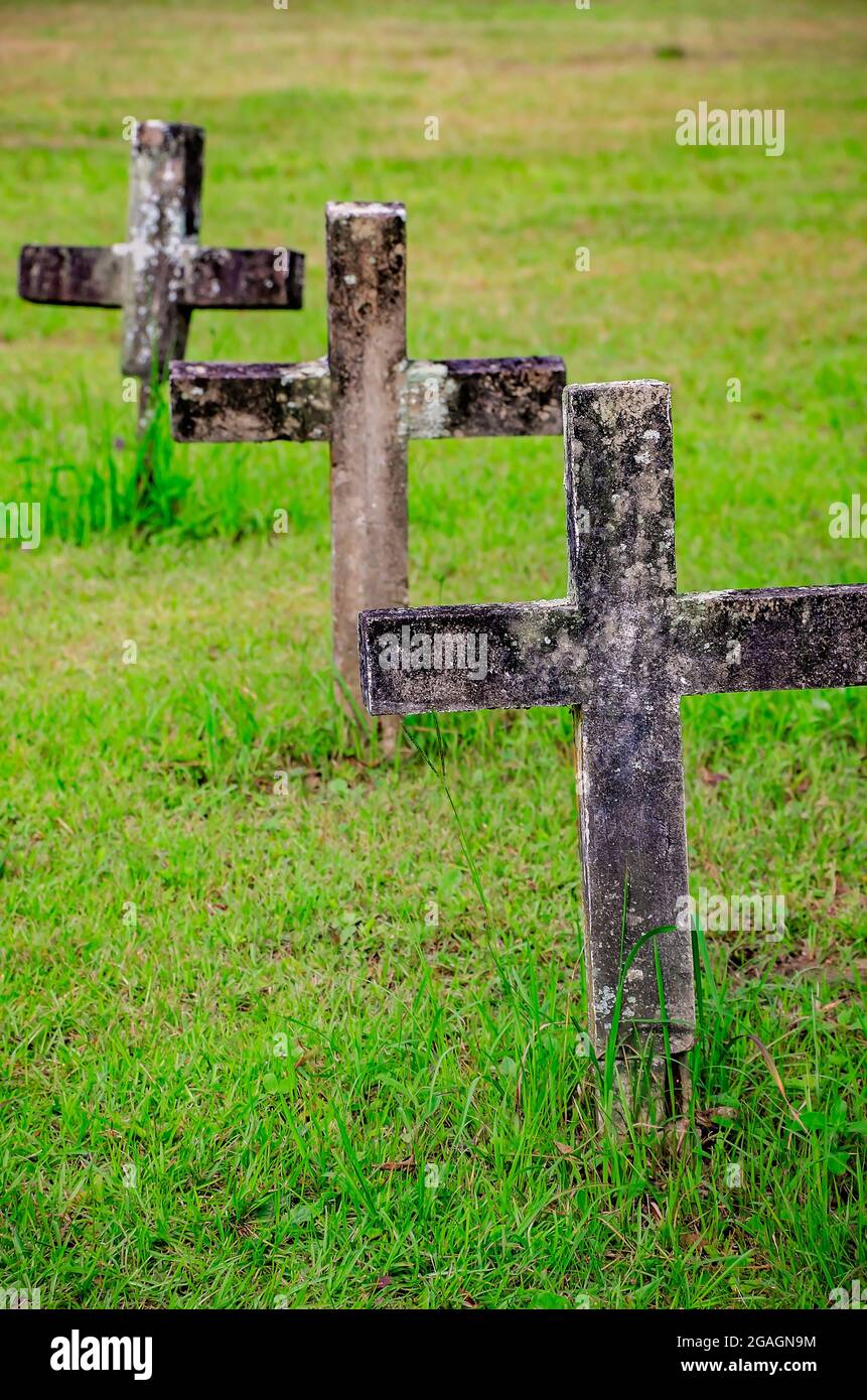 Concrete crosses stand in Blakeley Cemetery in Historic Blakeley State Park, June 26, 2021, in