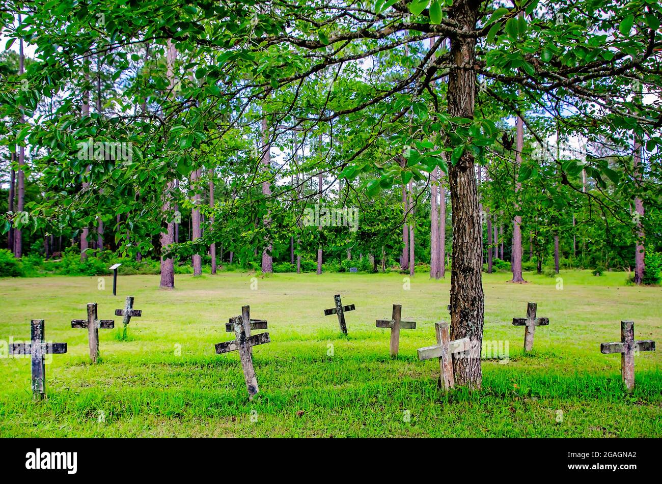 Concrete crosses stand in Blakeley Cemetery in Historic Blakeley State Park, June 26, 2021, in