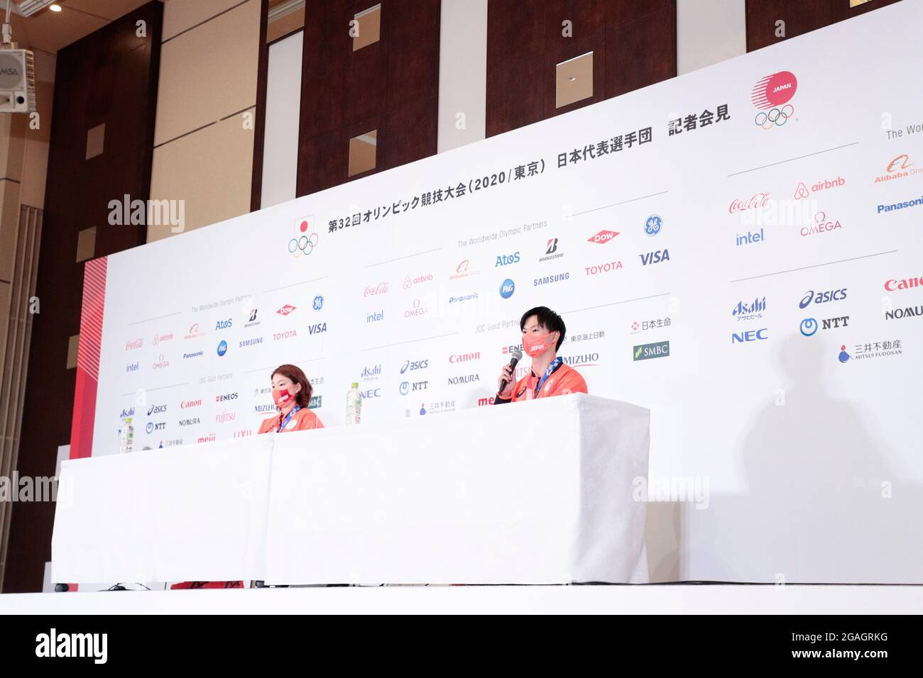 Tokyo, Japan. 31st July, 2021. (L to R) Arisa Higashino, Yuta Watanabe (JPN) Badminton : Bronze medalists Arisa Higashino and Yuta Watanabe during the press conference for the Tokyo 2020 Olympic Games at Japan House in Tokyo, Japan . Credit: AFLO SPORT/Alamy Live News Stock Photo