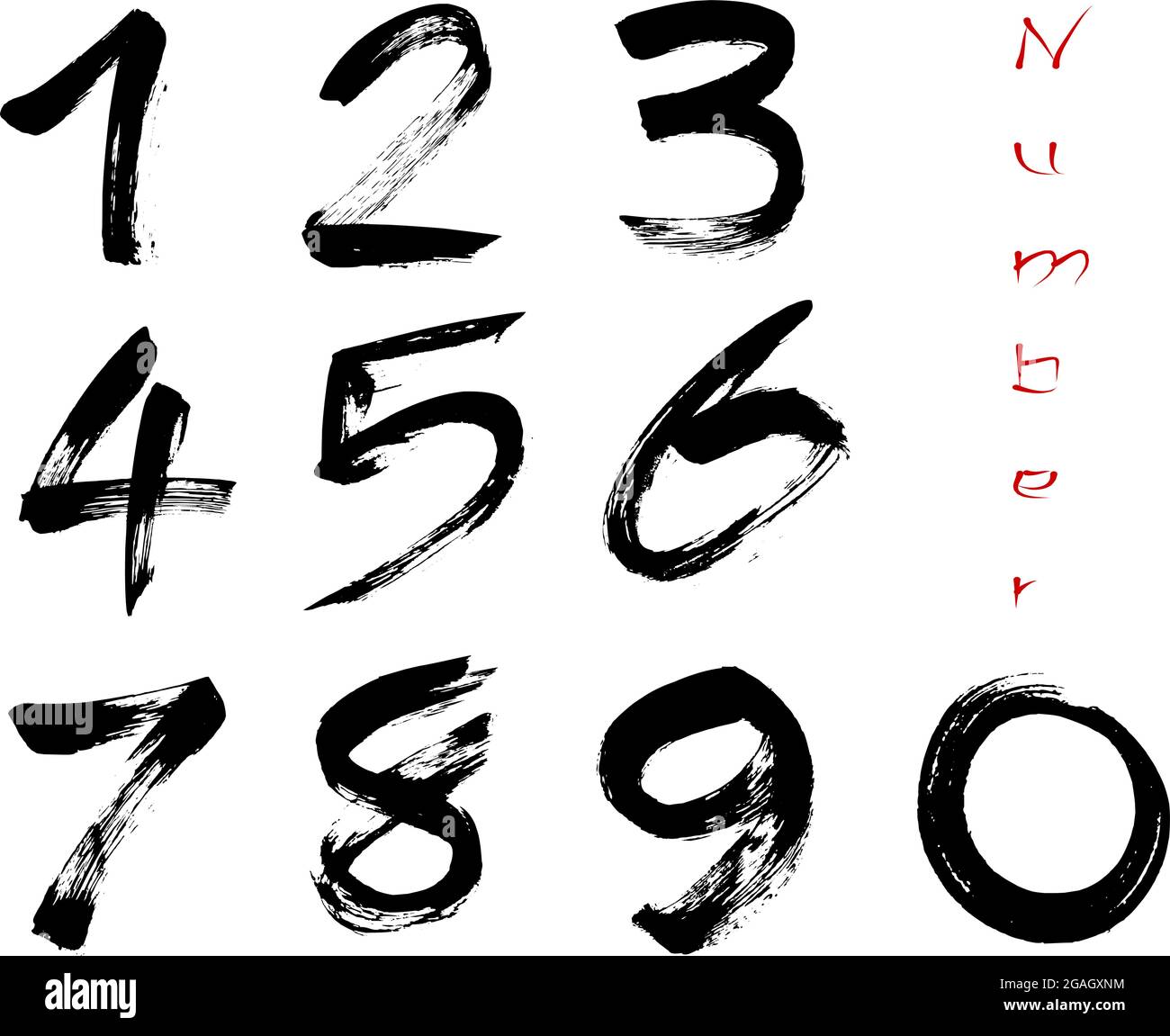Numbers 0-9 written with a brush on a white background Stock Vector