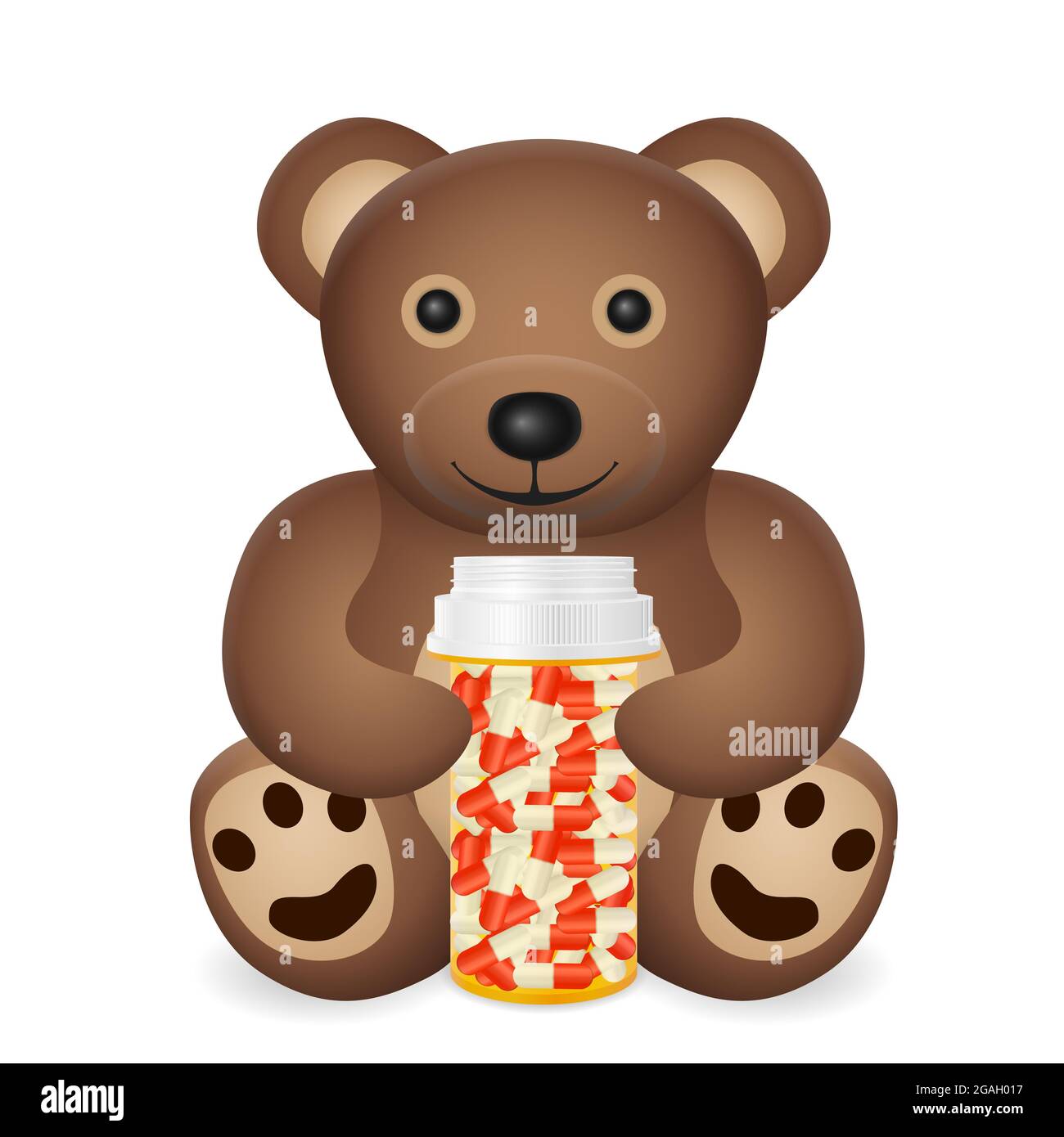 Teddy bear with bottle pills on a white background. Vector illustration