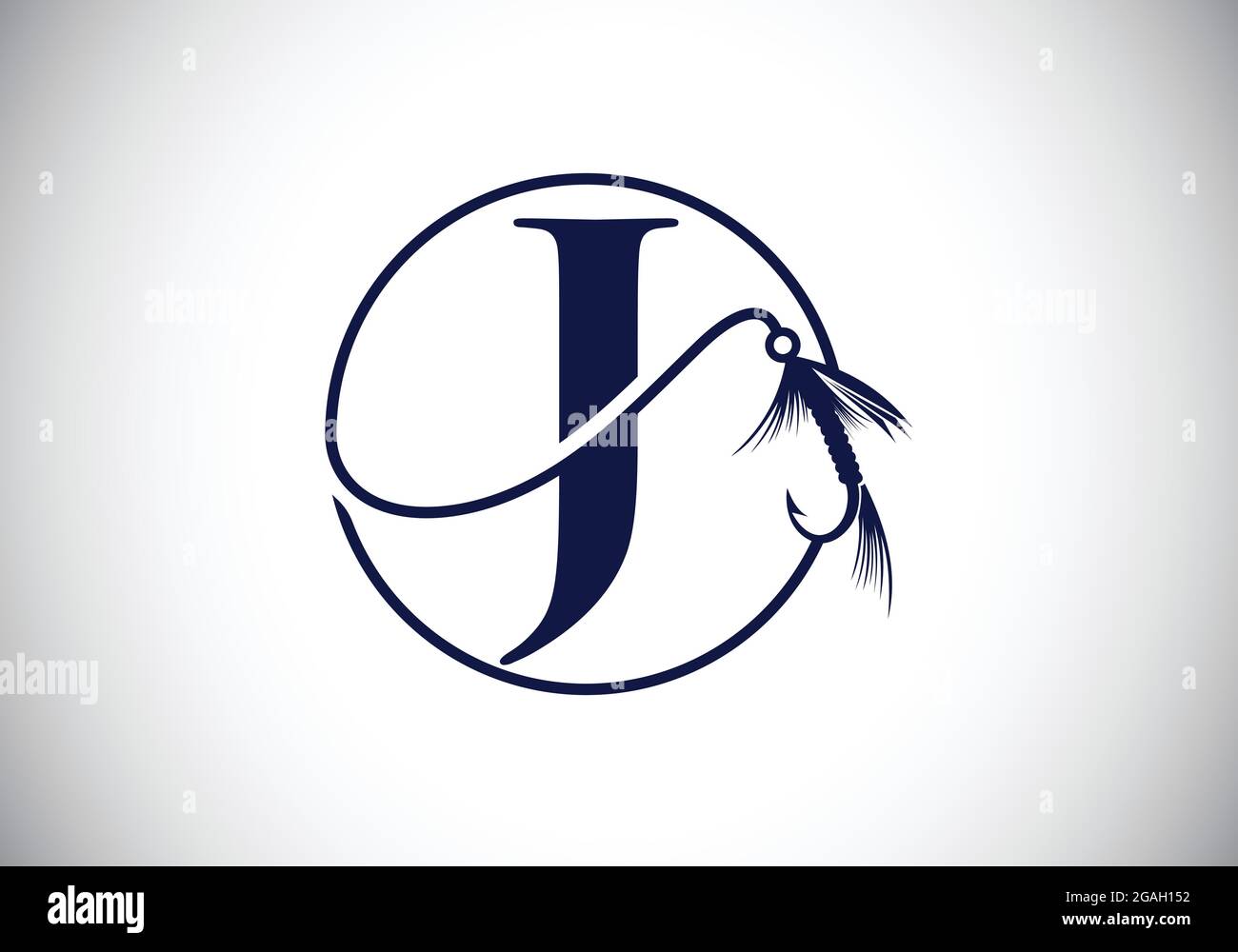 Initial J monogram letter alphabet with fishing Hook. Fishing logo