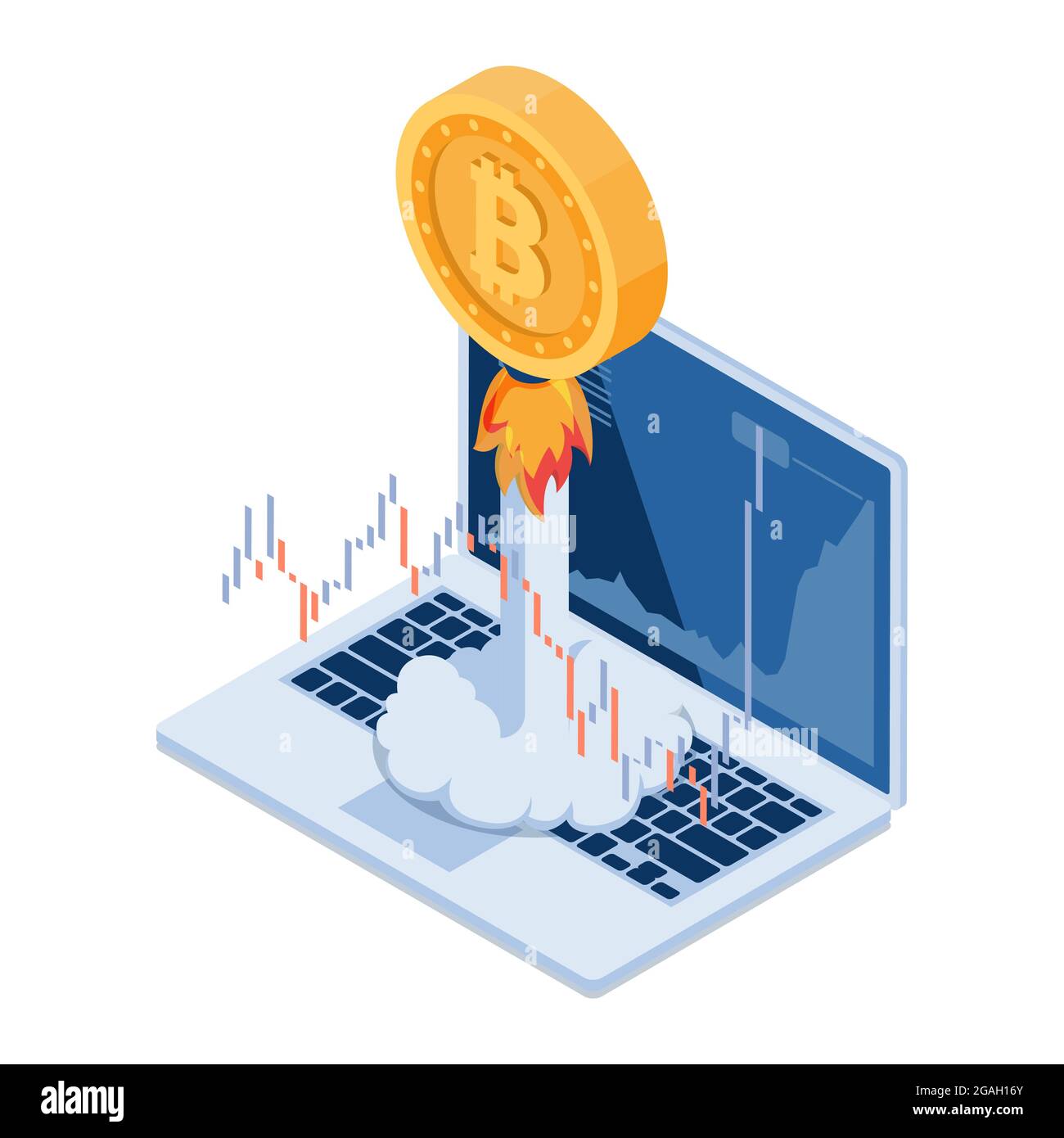 Flat 3d Isometric Bitcoin Rocket Flying Up From Laptop. High Growth Value  of Bitcoin and Cryptocurrency Concept Stock Vector Image & Art - Alamy