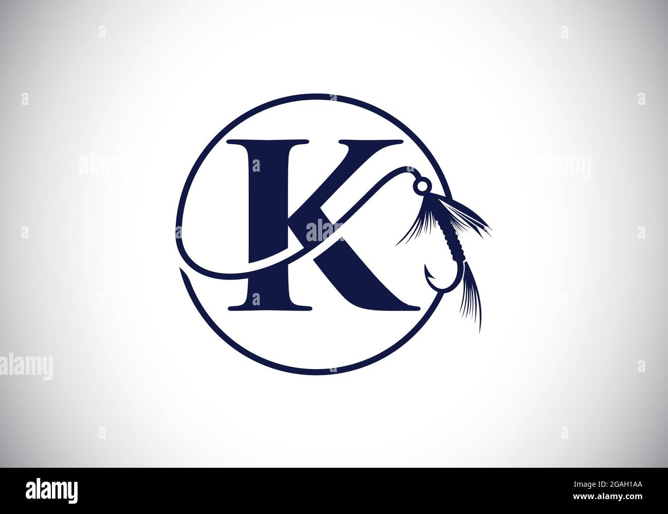 Initial K monogram letter alphabet with fishing Hook. Fishing logo