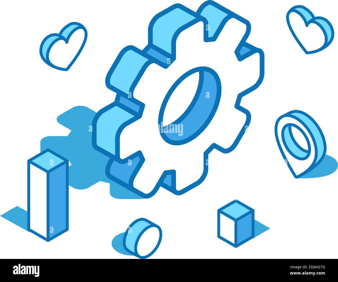 Gear blue line isometric illustration. Engineering, robot technology 3D banner template. Stock Vector