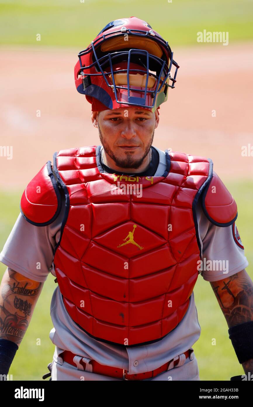 CLEVELAND, OH - JULY 28: Yadier Molina (4) of the St. Louis Cardinals looks  on while waiting to bat during a game against the Cleveland Indians at Pro  Stock Photo - Alamy