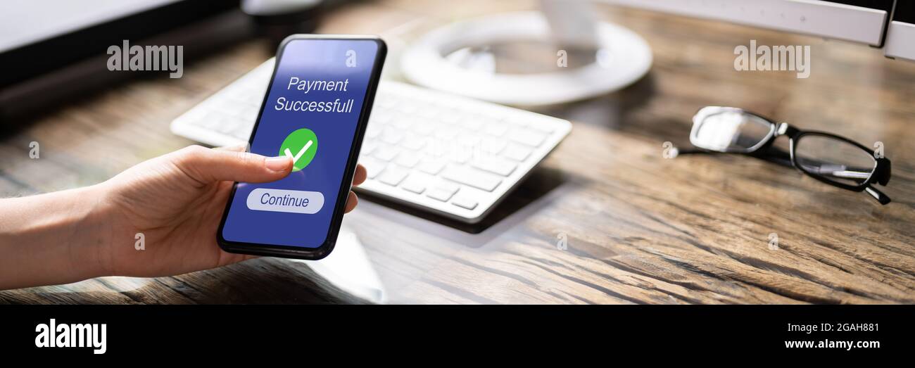 Online Money Transfer Confirmed. Rent Payment Success Stock Photo