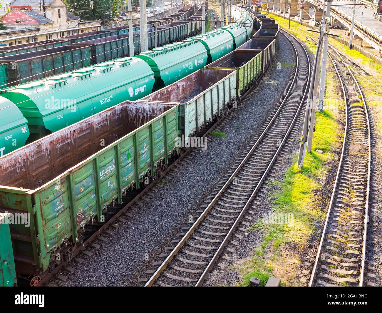 Odessa, Ukraine - August 17, 2010: Freight trains stand in a queue for ...