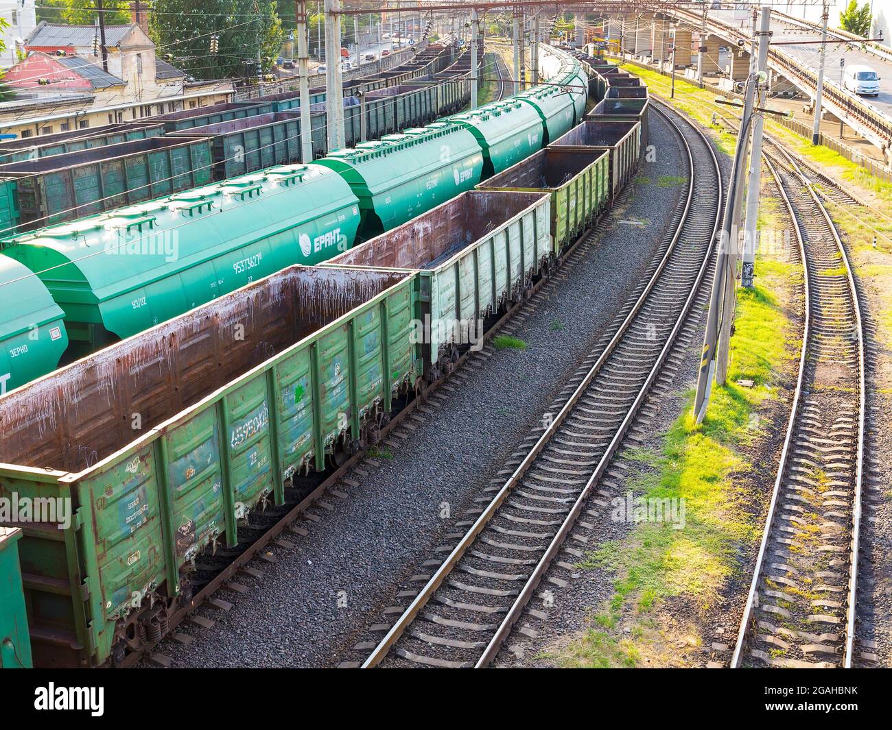Odessa, Ukraine - August 17, 2010: Freight trains stand in a queue for ...