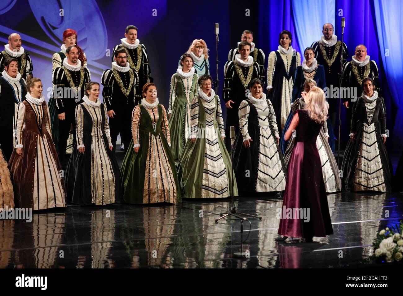 Bucharest, Romania - July 27, 2021: Romanian Madrigal National Choir (Corul Madrigal) performs on the stage of the Romanian Opera. Stock Photo