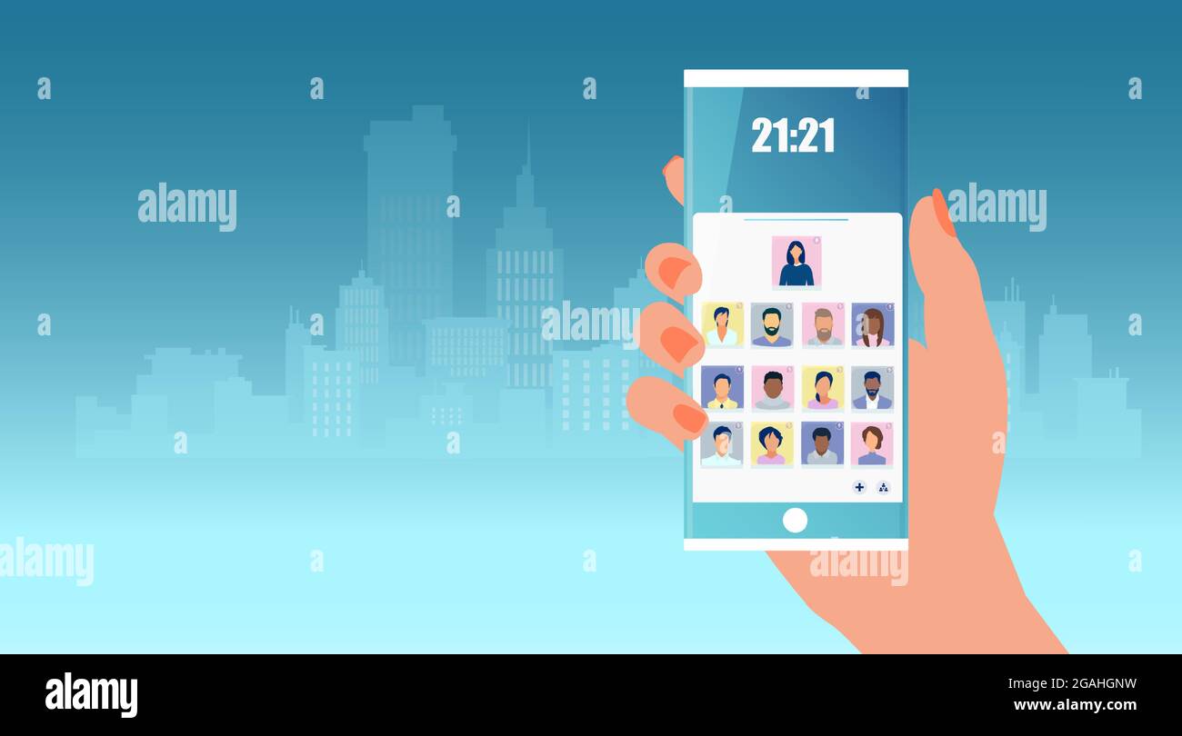 Vector of a hand with a smartphone using social networking application Stock Vector