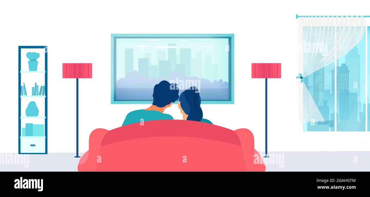 Vector of a young couple sitting on the couch and watching tv in their apartment Stock Vector