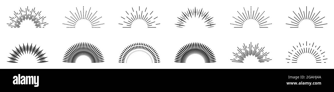 Sunburst collection. Bursting sun rays. Fireworks. Logotype or lettering design element. Vector illustration isolated on white background Stock Vector