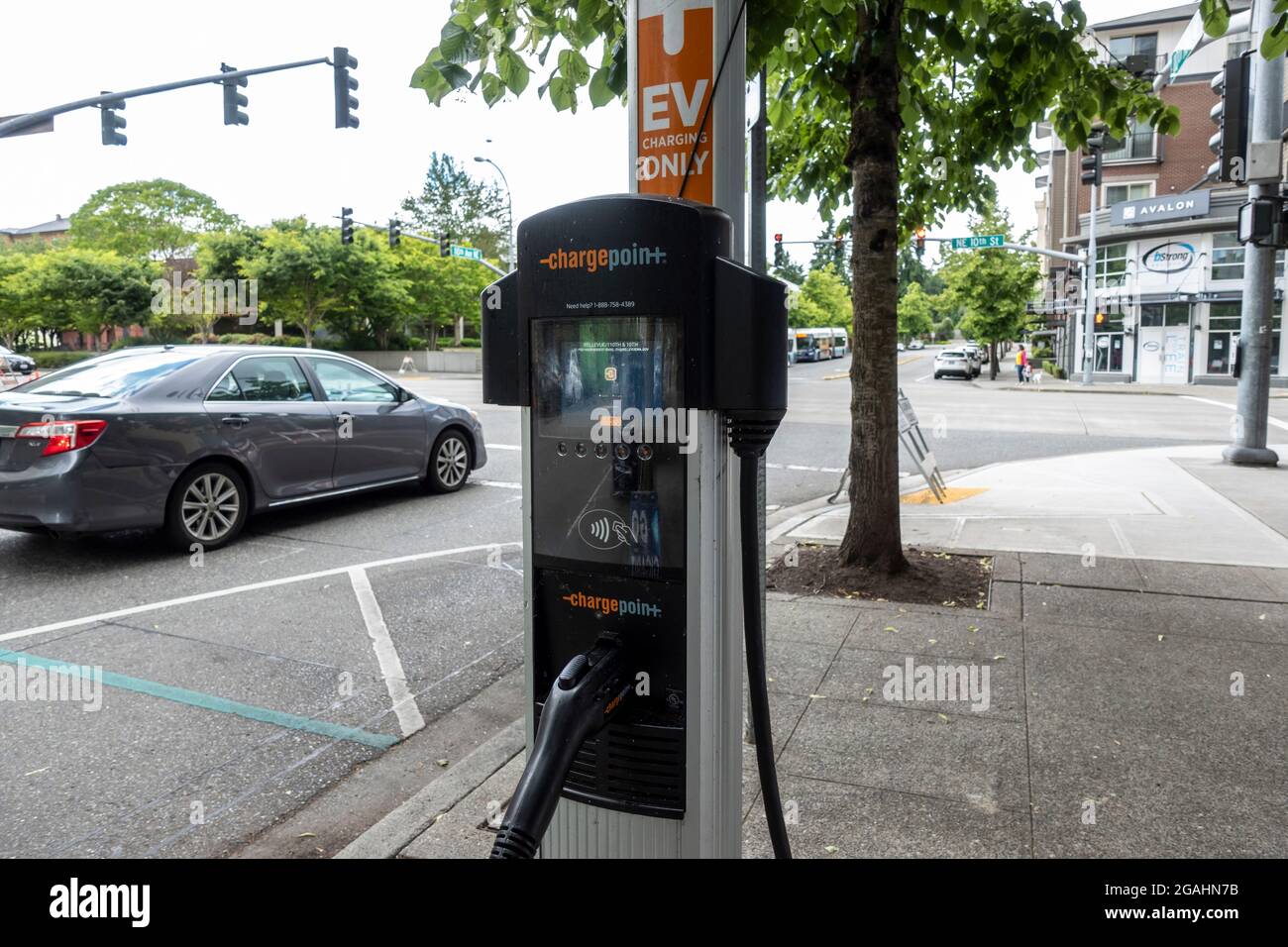 Bellevue, WA USA - circa June 2021: Selective focus of a Charge Point electric vehicle charging station in the downtown area. Stock Photo