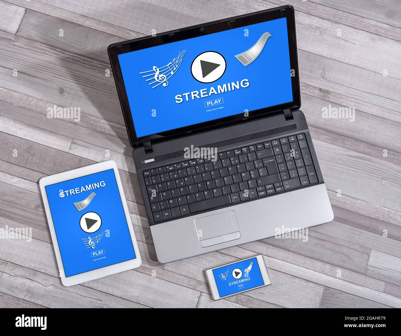 Streaming concept shown on different information technology devices Stock Photo