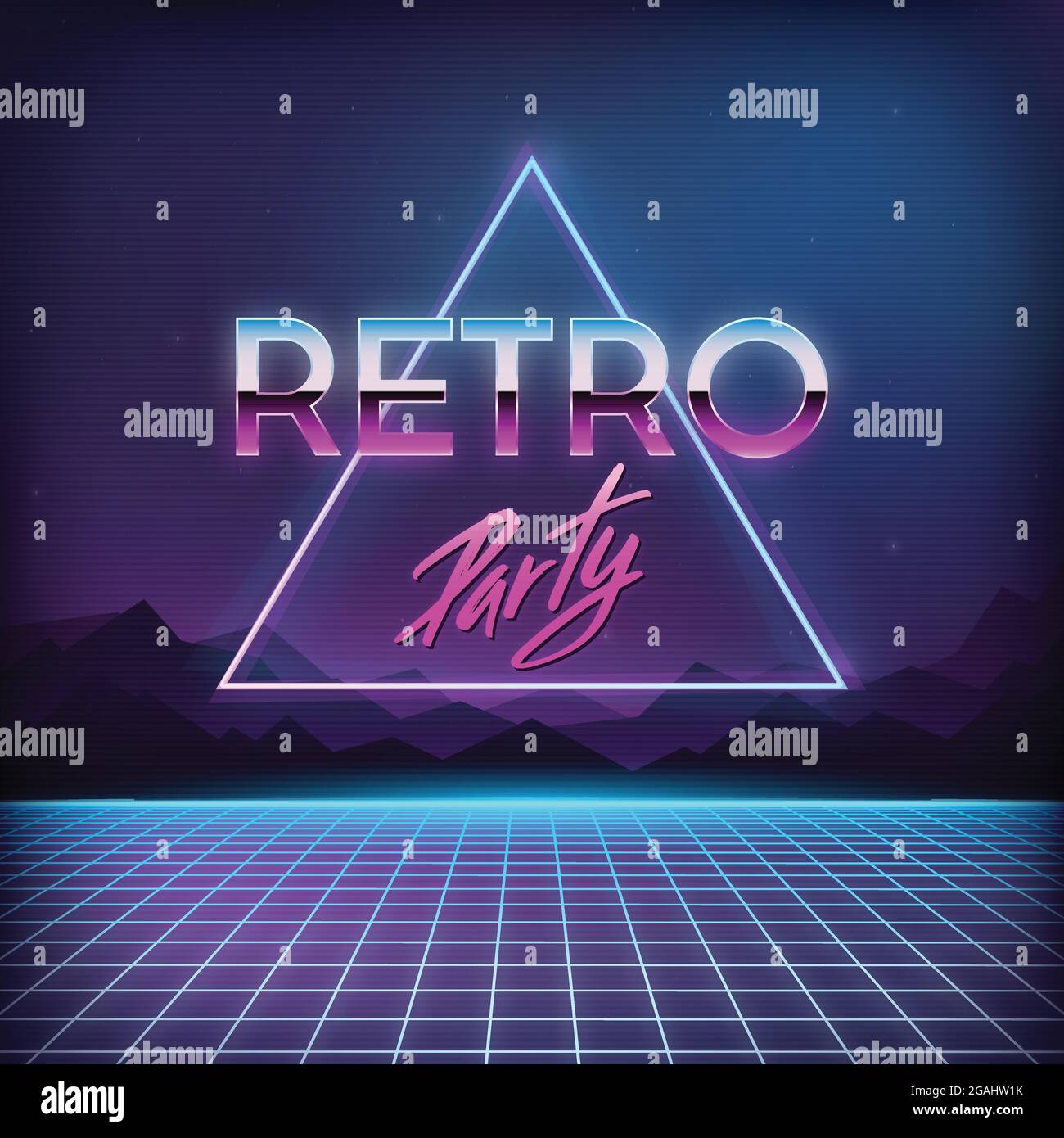 Retro Party 1980s. Digital landscape with space, mountains and laser grid on terrain in cyber world. Retro futuristic background 80s style. Stock Vector