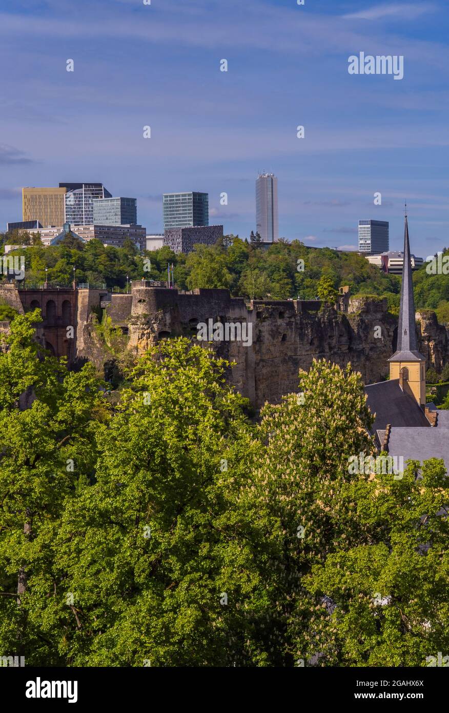 Panoramic aerial view of the old town of Luxembourg City, Luxembourg with Grund lower city Stock Photo