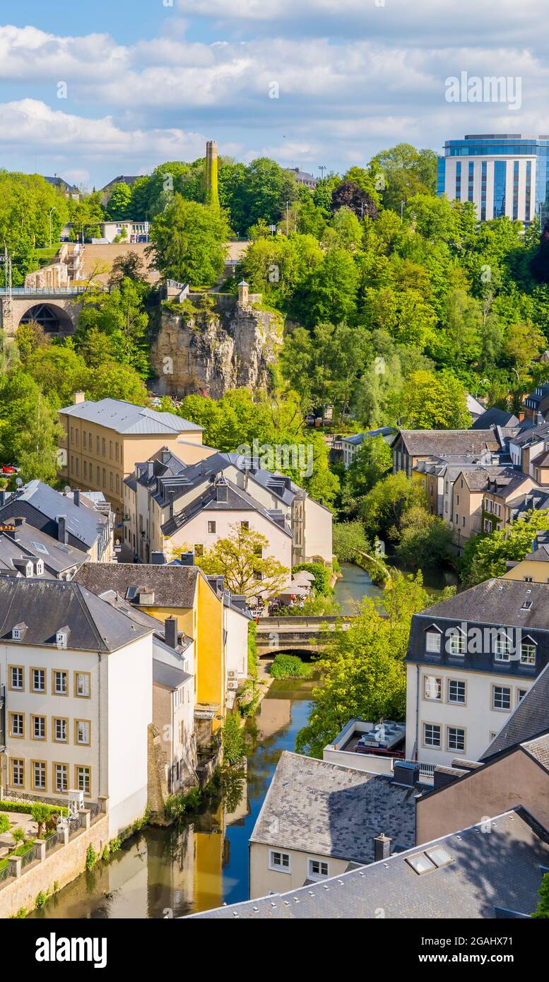 Panoramic aerial view of the old town of Luxembourg City, Luxembourg with Grund lower city Stock Photo