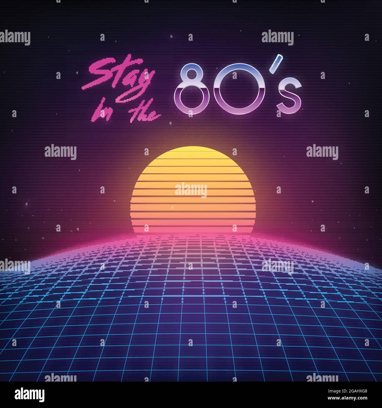 Retro Cover 1980s. Digital planet, space and sun. Laser grid on terrain in cyber world. Retro futuristic background 80s style. Stock Vector
