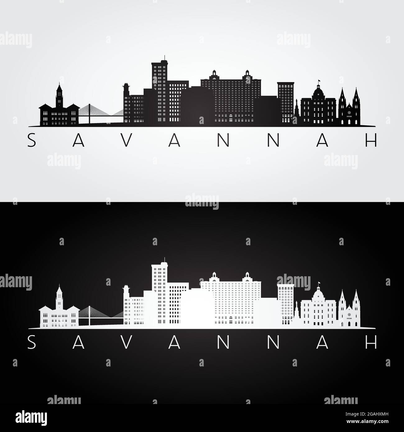 Savannah USA skyline and landmarks silhouette, black and white design ...