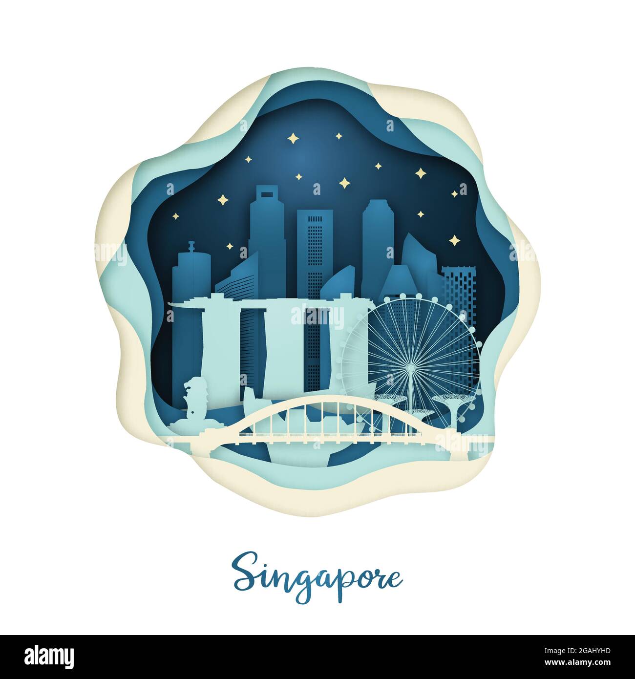 Paper art illustration of Singapore. Origami concept. Night city with